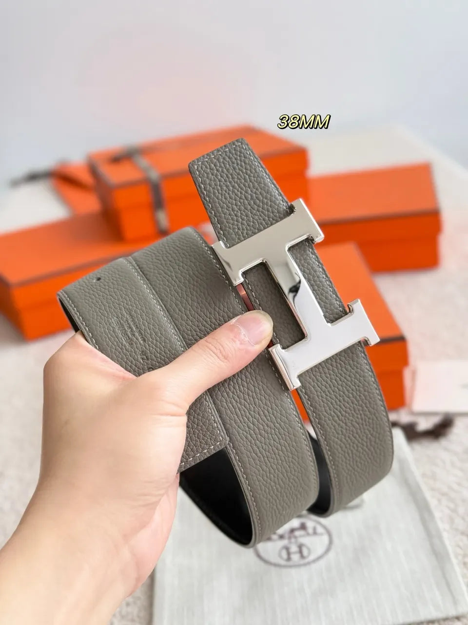 Hermes Gray Black Leather Belt - Hình 3