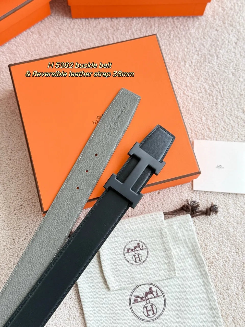 Hermes Grey & Black Reversible Leather Belt - Hình 2