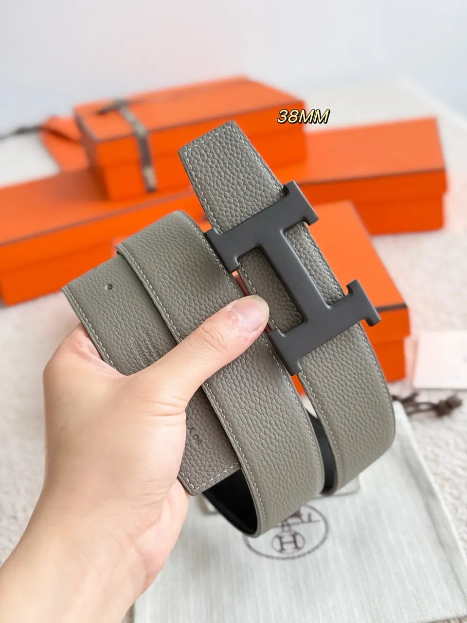 Hermes Grey & Black Reversible Leather Belt - Hình 3