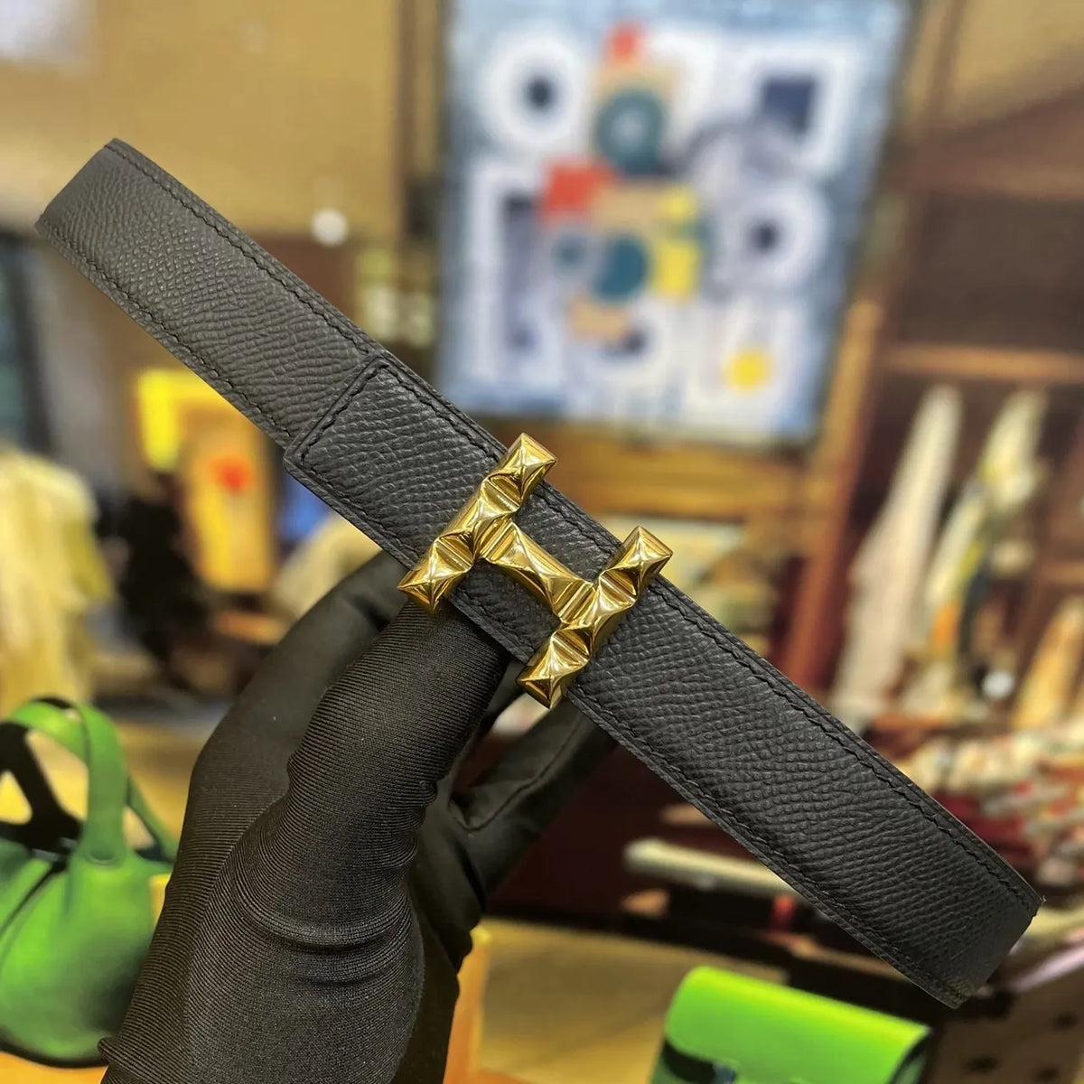 Hermes Matte Black Leather Belt gold