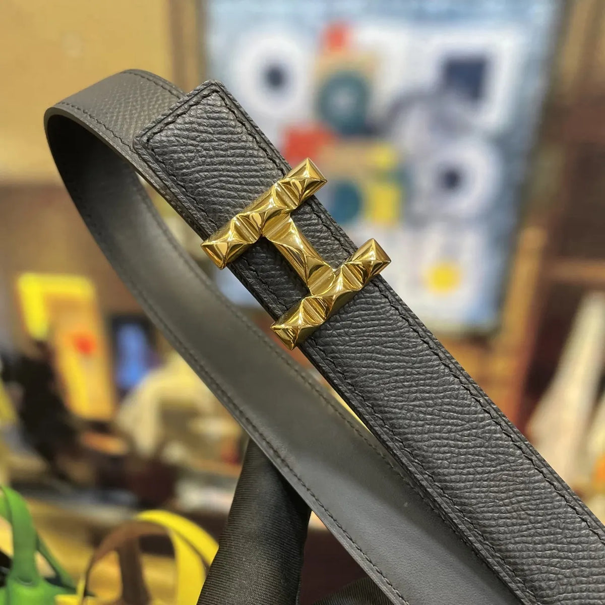 Hermes Matte Black Leather Belt gold - Hình 2
