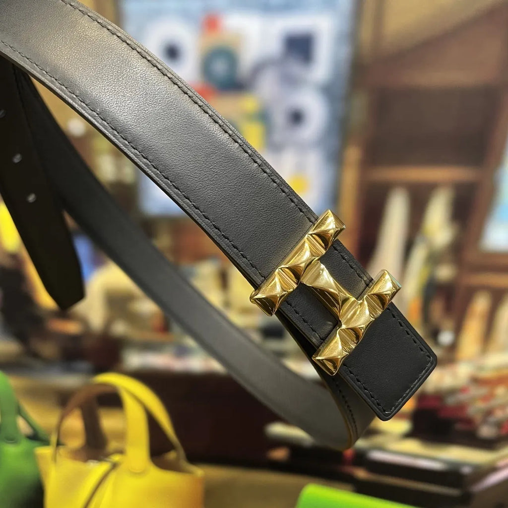 Hermes Matte Black Leather Belt gold - Hình 3