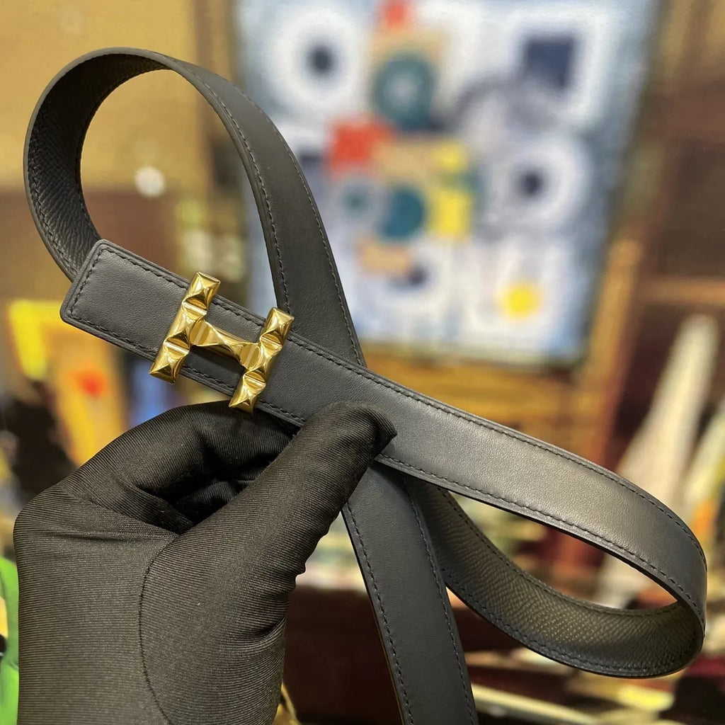 Hermes Matte Black Leather Belt gold - Hình 5