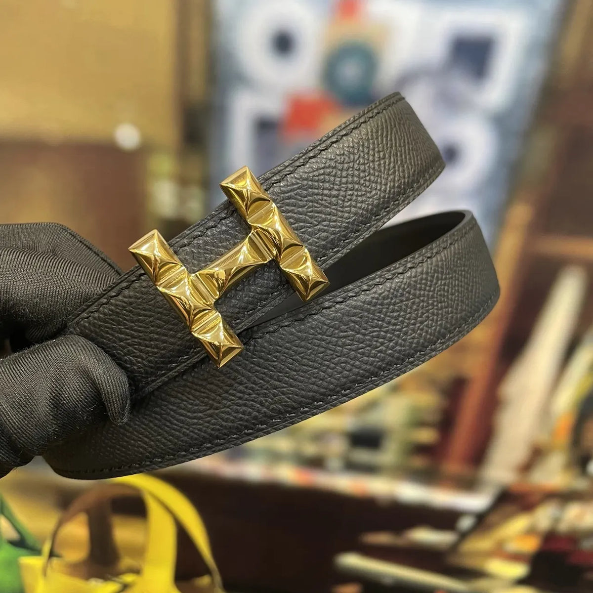 Hermes Matte Black Leather Belt gold - Hình 6