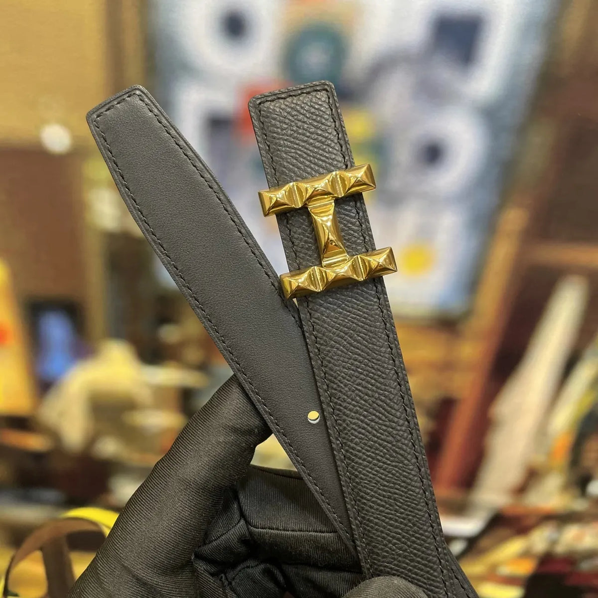 Hermes Matte Black Leather Belt gold - Hình 7