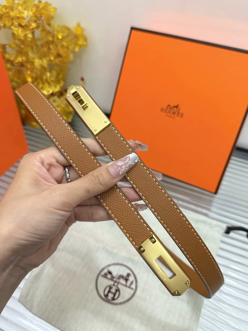 Hermes Gold Kelly Buckle Belt - Hình 6