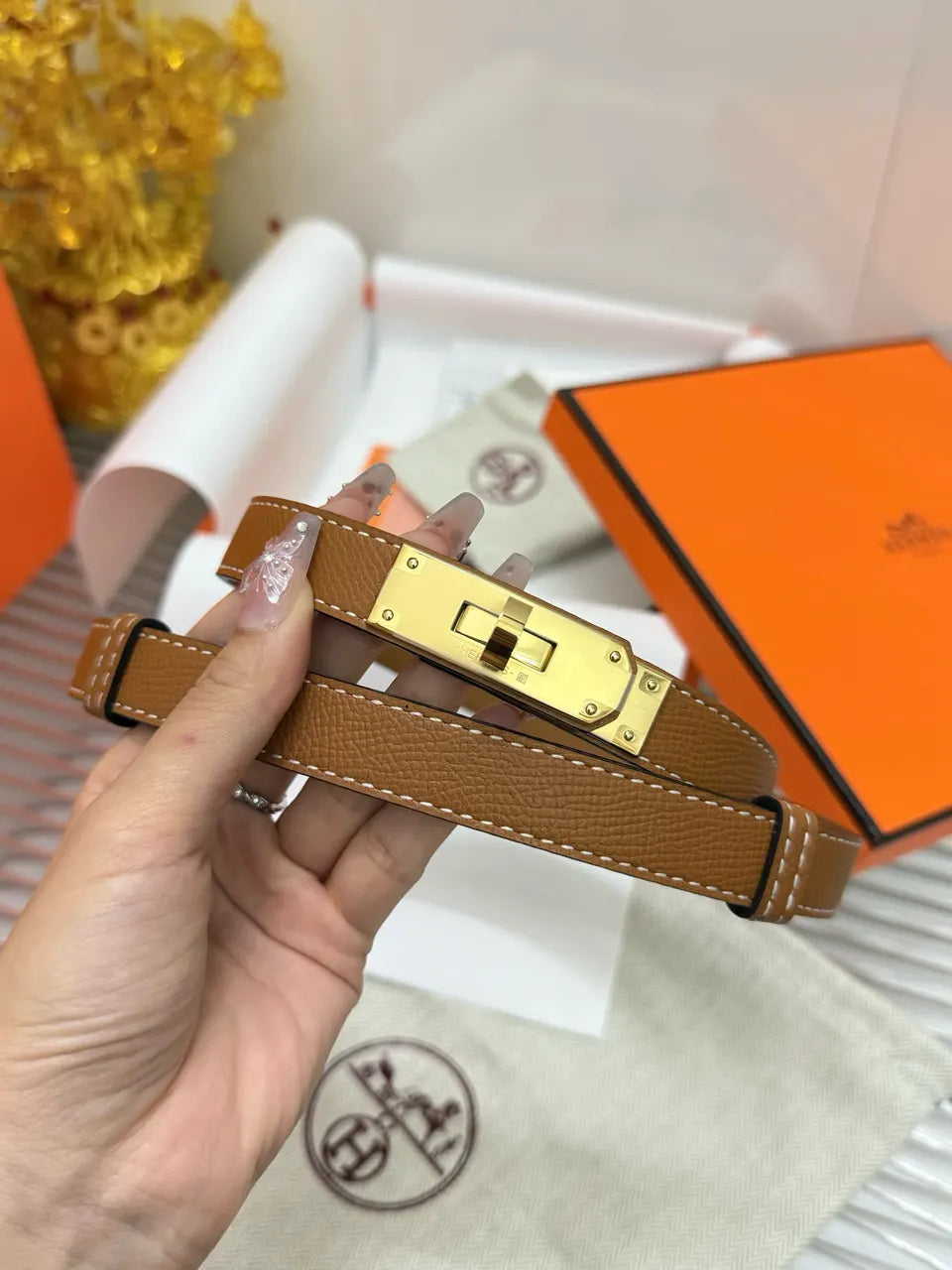 Hermes Gold Kelly Buckle Belt - Hình 7