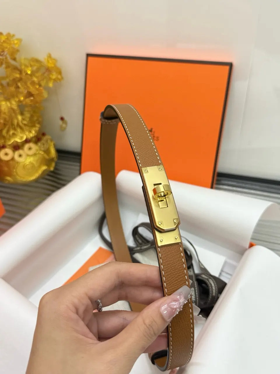 Hermes Gold Kelly Buckle Belt - Hình 8