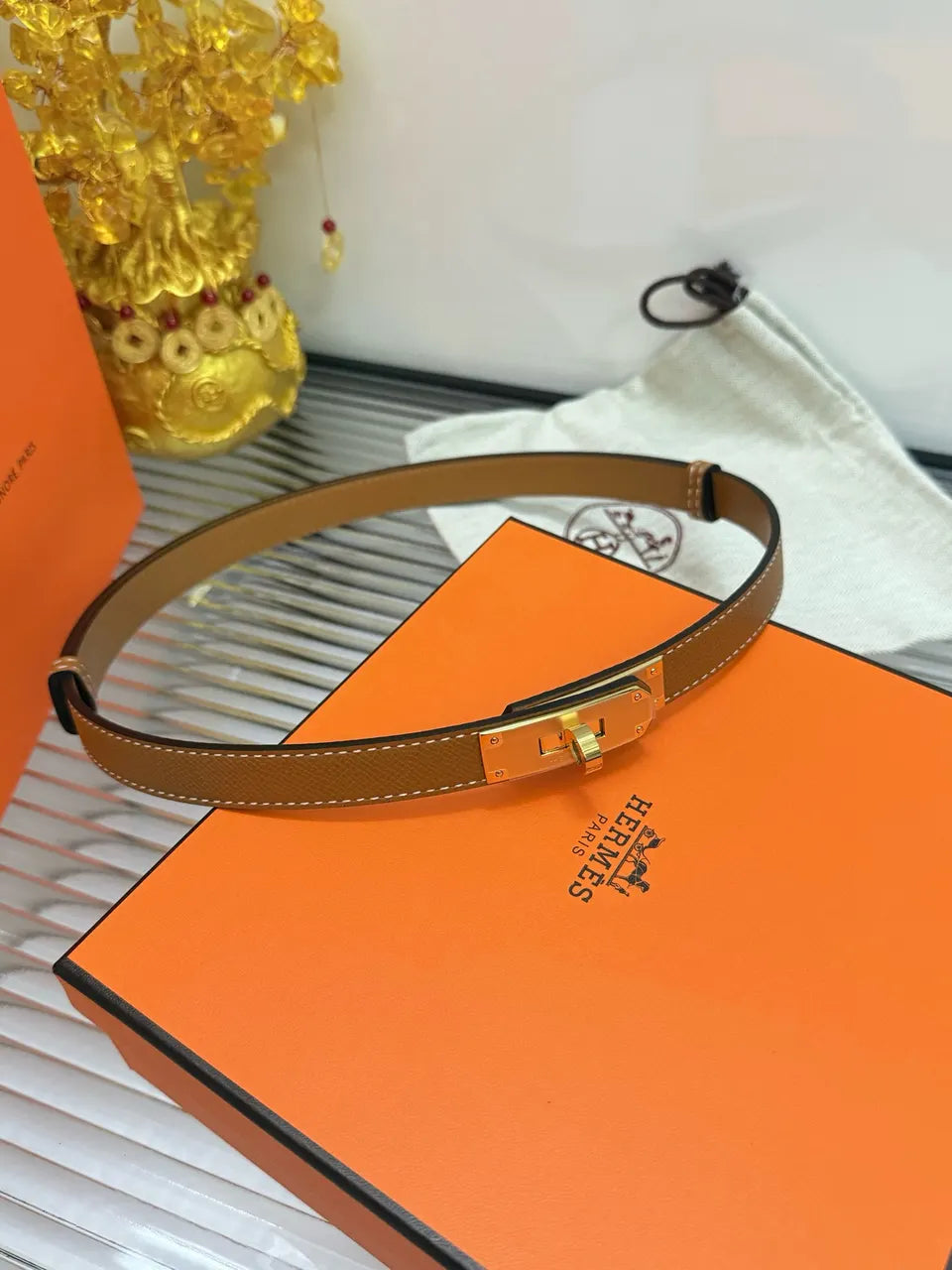Hermes Gold Kelly Buckle Belt - Hình 9
