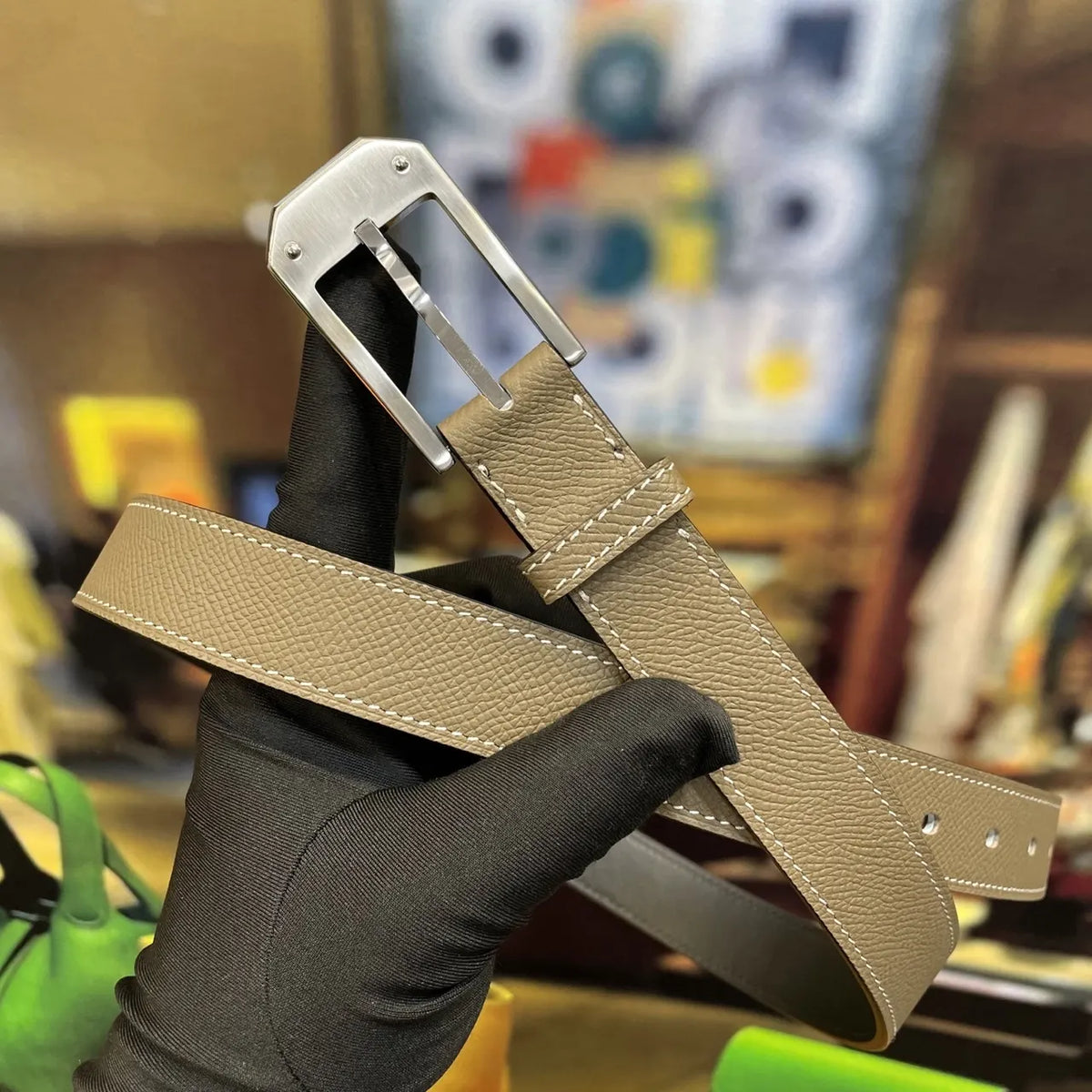 Hermes Taupe Leather Belt silver - Hình 3