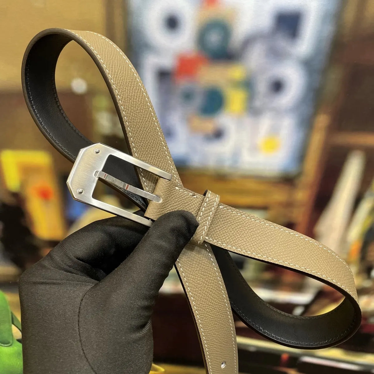 Hermes Taupe Leather Belt silver - Hình 5