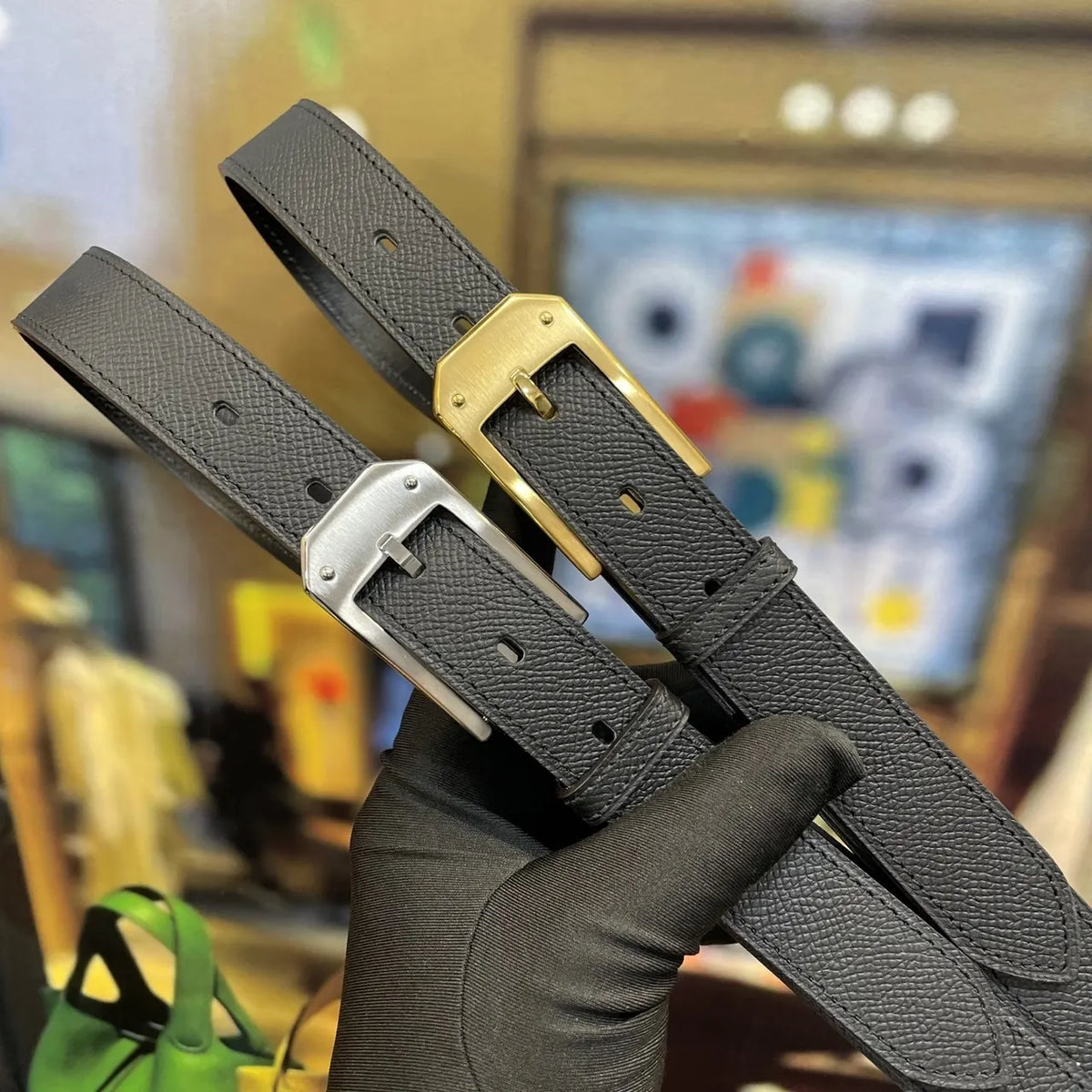 Hermes Black Grain Leather Belt silver