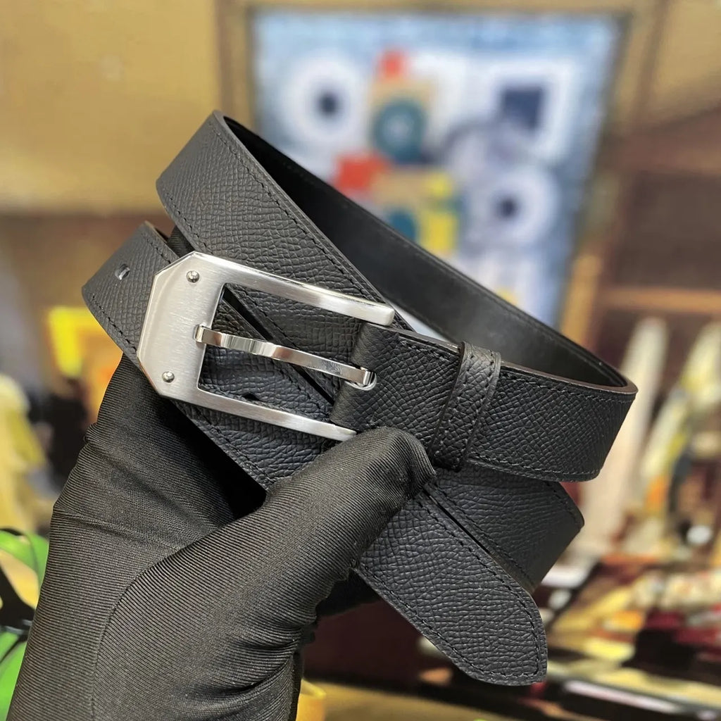 Hermes Black Grain Leather Belt silver - Hình 2
