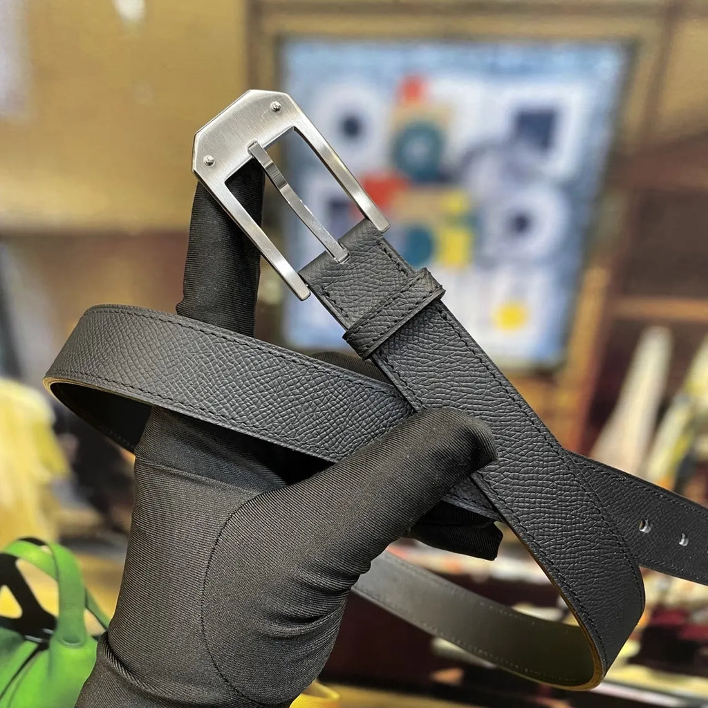 Hermes Black Grain Leather Belt silver - Hình 3
