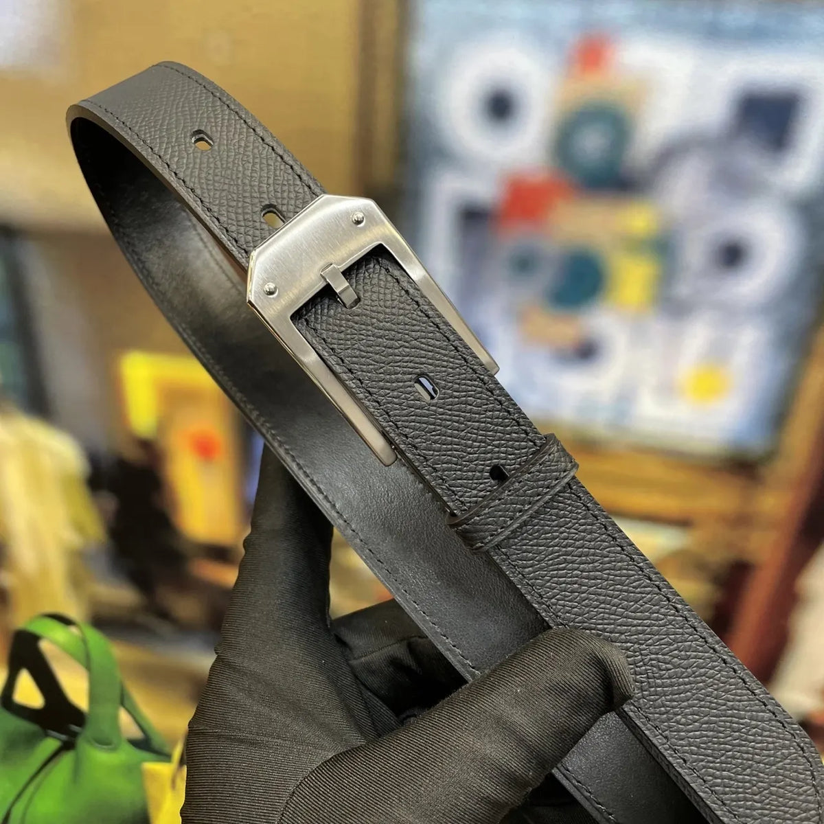 Hermes Black Grain Leather Belt silver - Hình 4