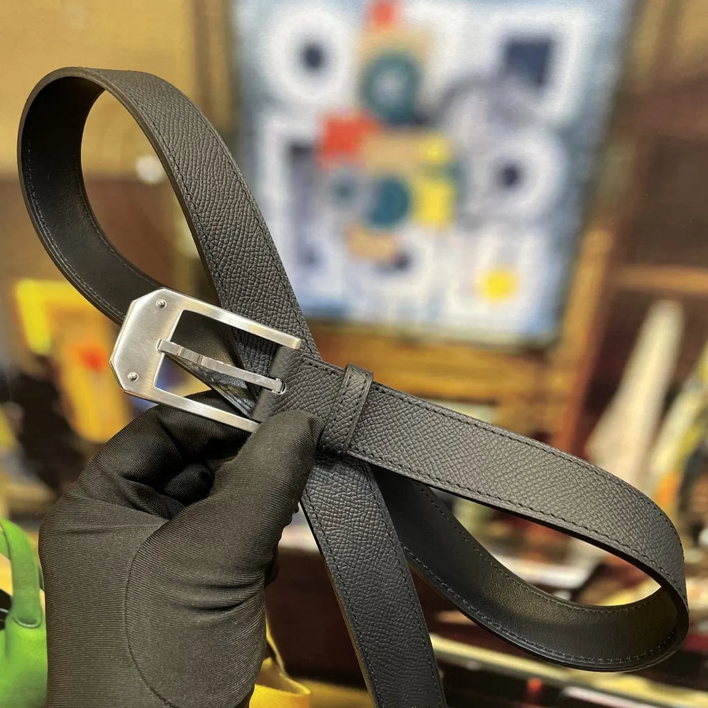 Hermes Black Grain Leather Belt silver - Hình 5