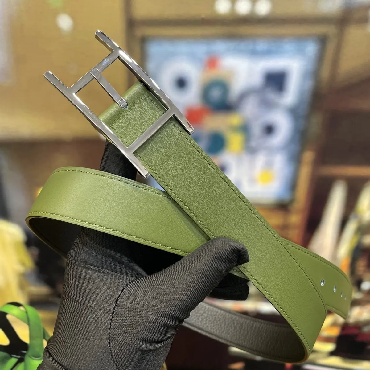 Hermes Olive Green Leather Belt - Hình 3