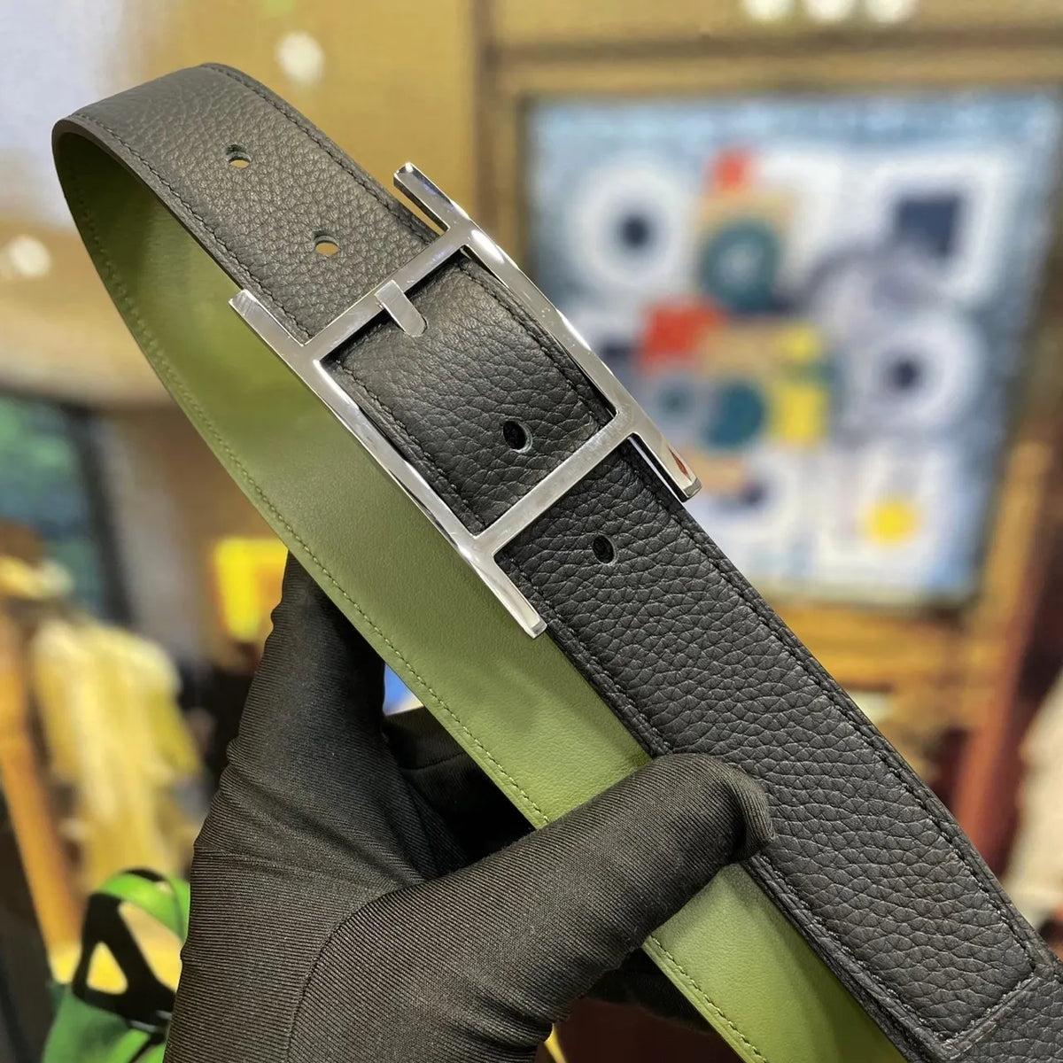 Hermes Olive Green Leather Belt - Hình 4