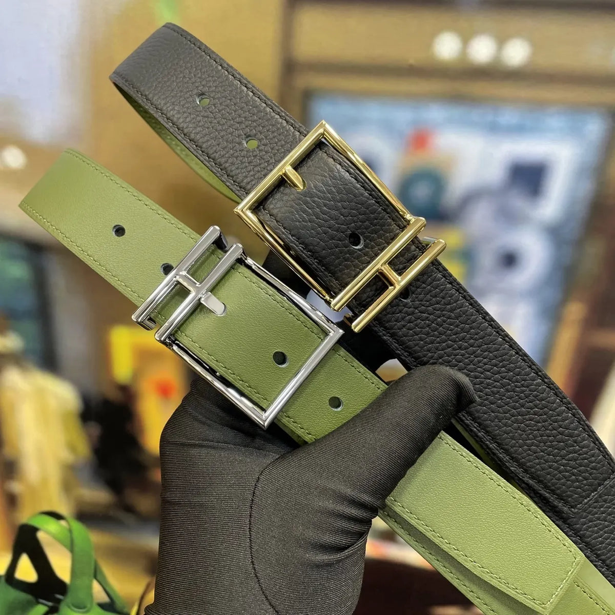 Hermes Olive & Black Reversible Belt