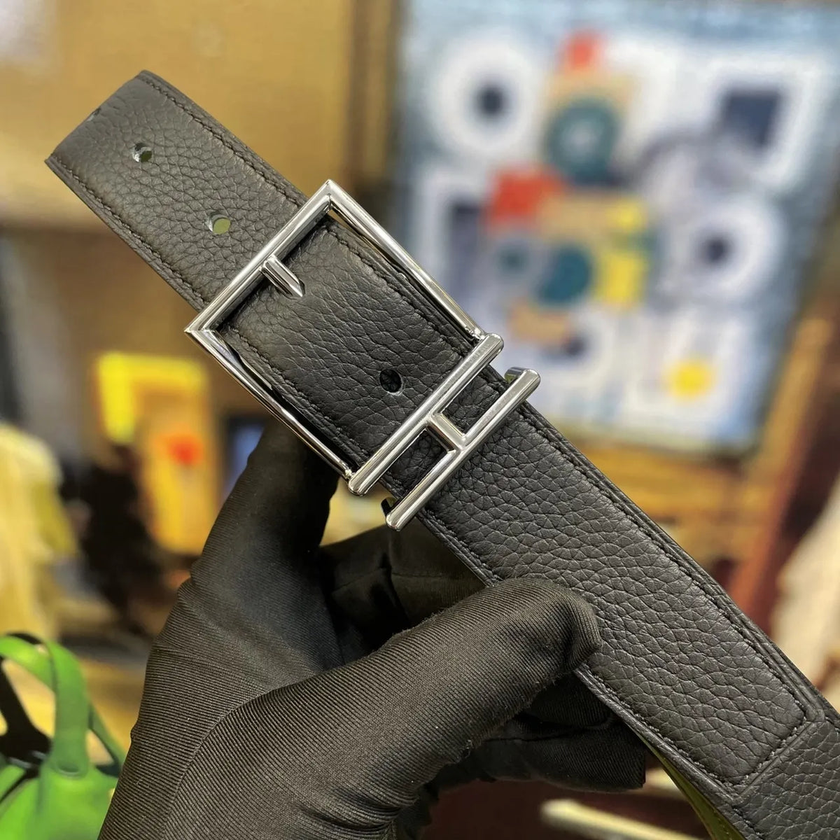 Hermes Olive & Black Reversible Belt - Hình 2