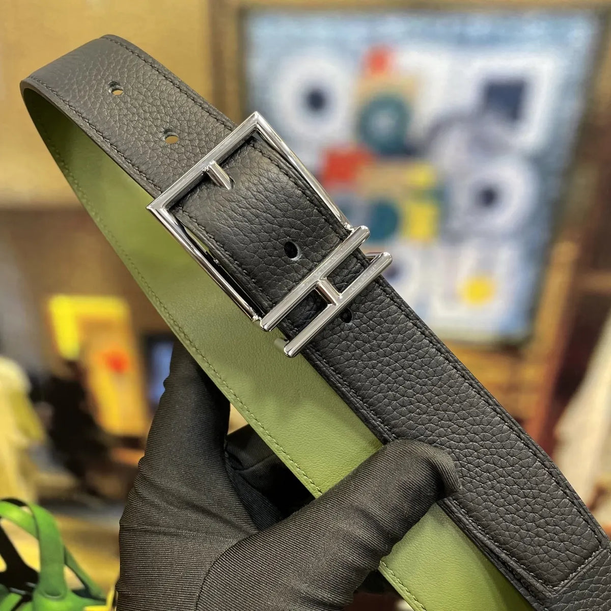 Hermes Olive & Black Reversible Belt - Hình 4