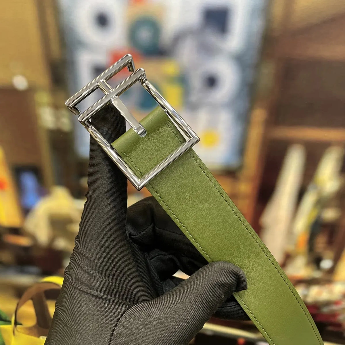 Hermes Olive & Black Reversible Belt - Hình 5