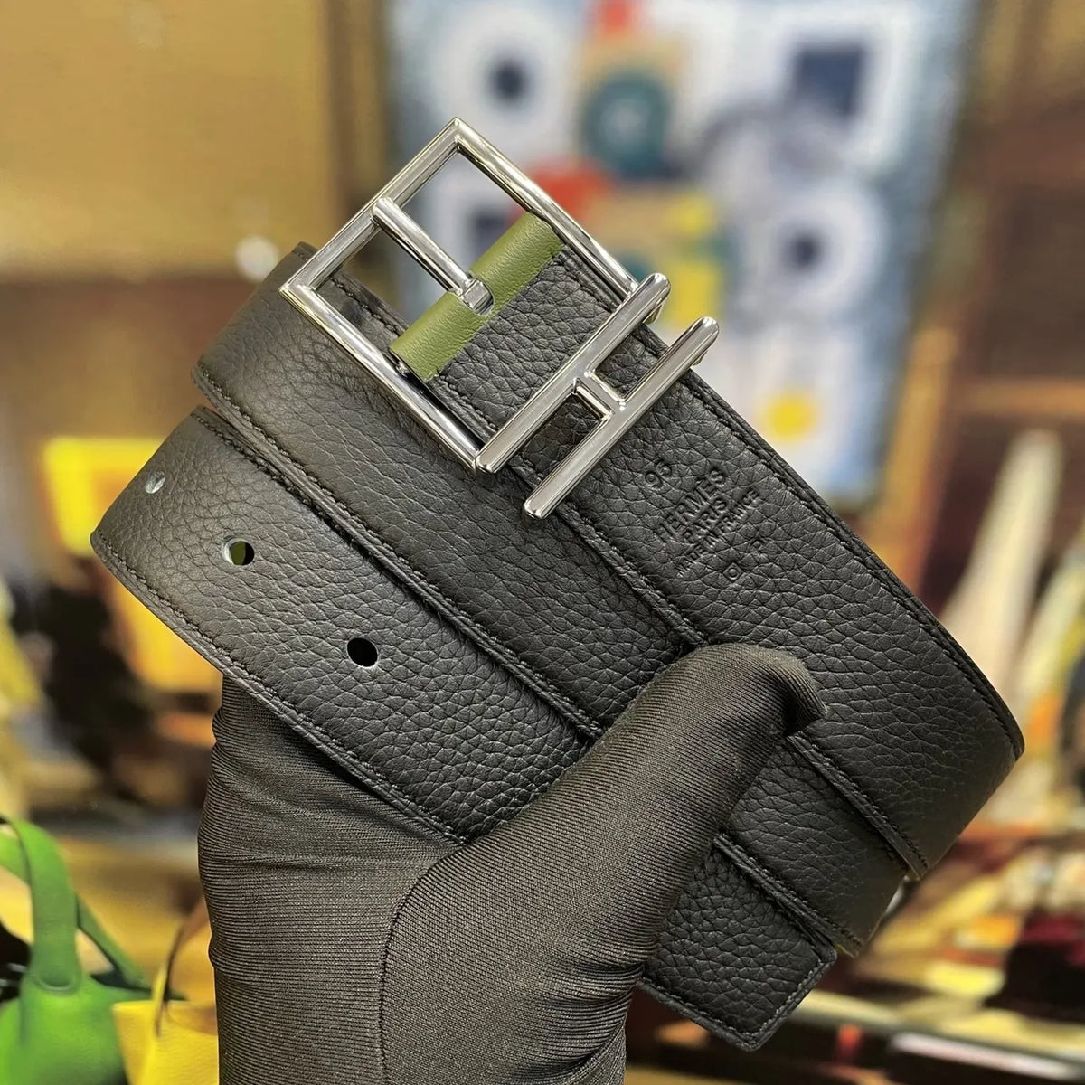 Hermes Olive & Black Reversible Belt - Hình 6