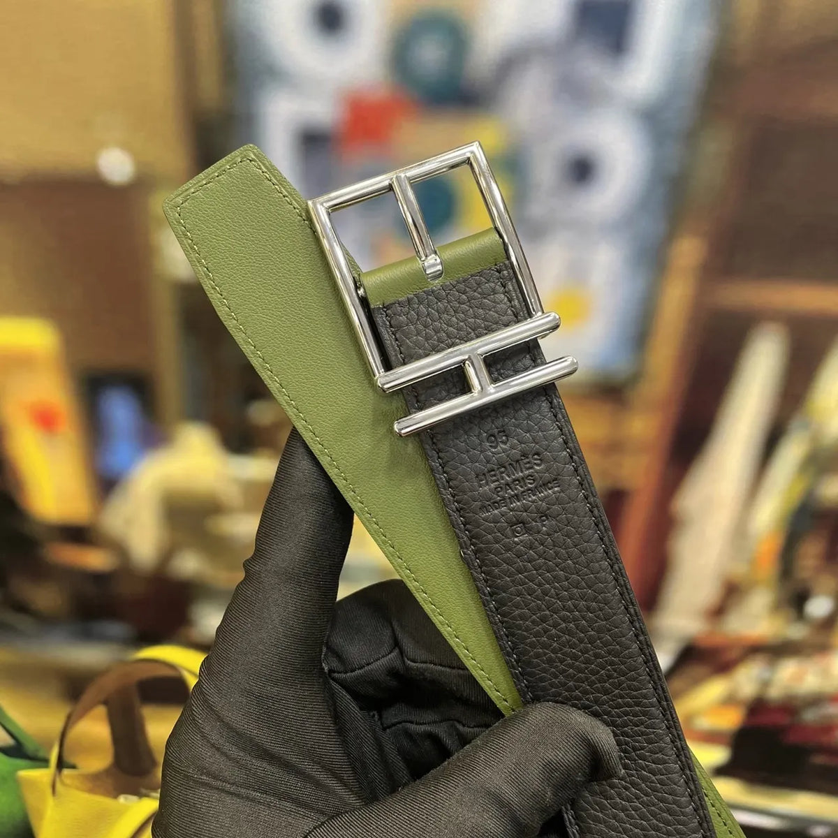 Hermes Olive & Black Reversible Belt - Hình 9