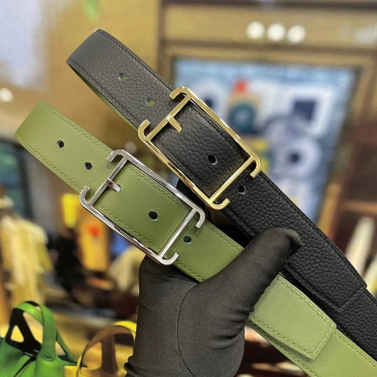 Hermes Olive & Black Leather Belt