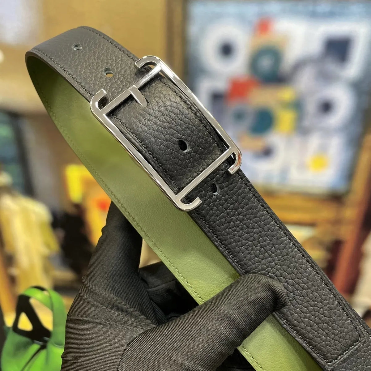 Hermes Olive & Black Leather Belt - Hình 4