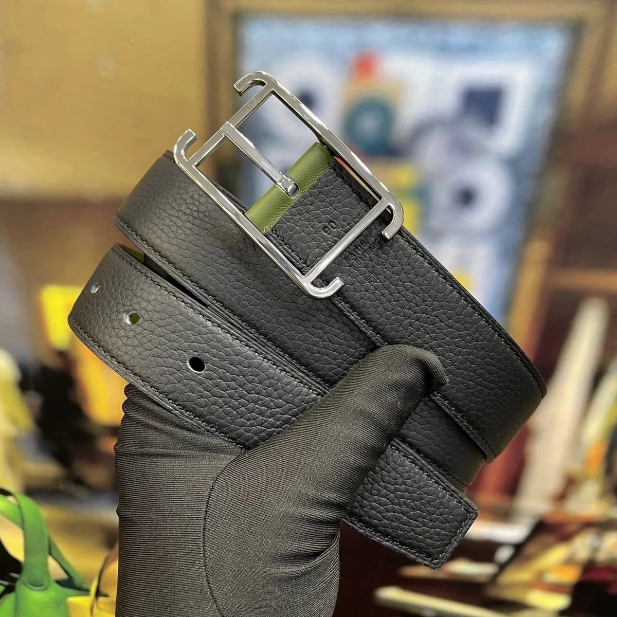 Hermes Olive & Black Leather Belt - Hình 6