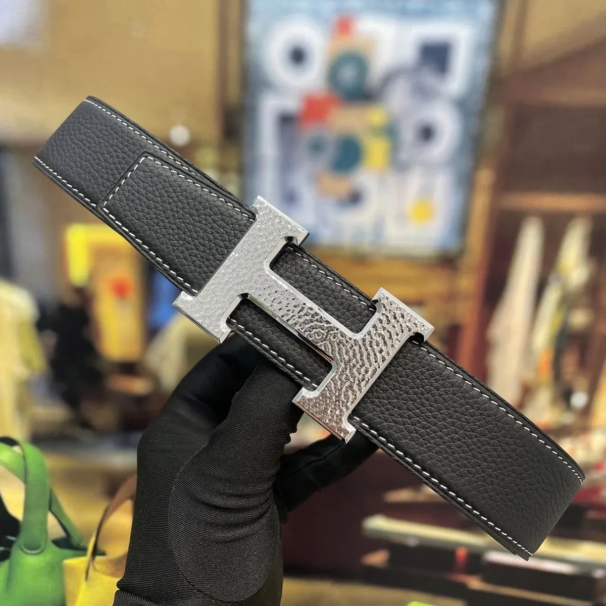 Hermes Black Textured Belt