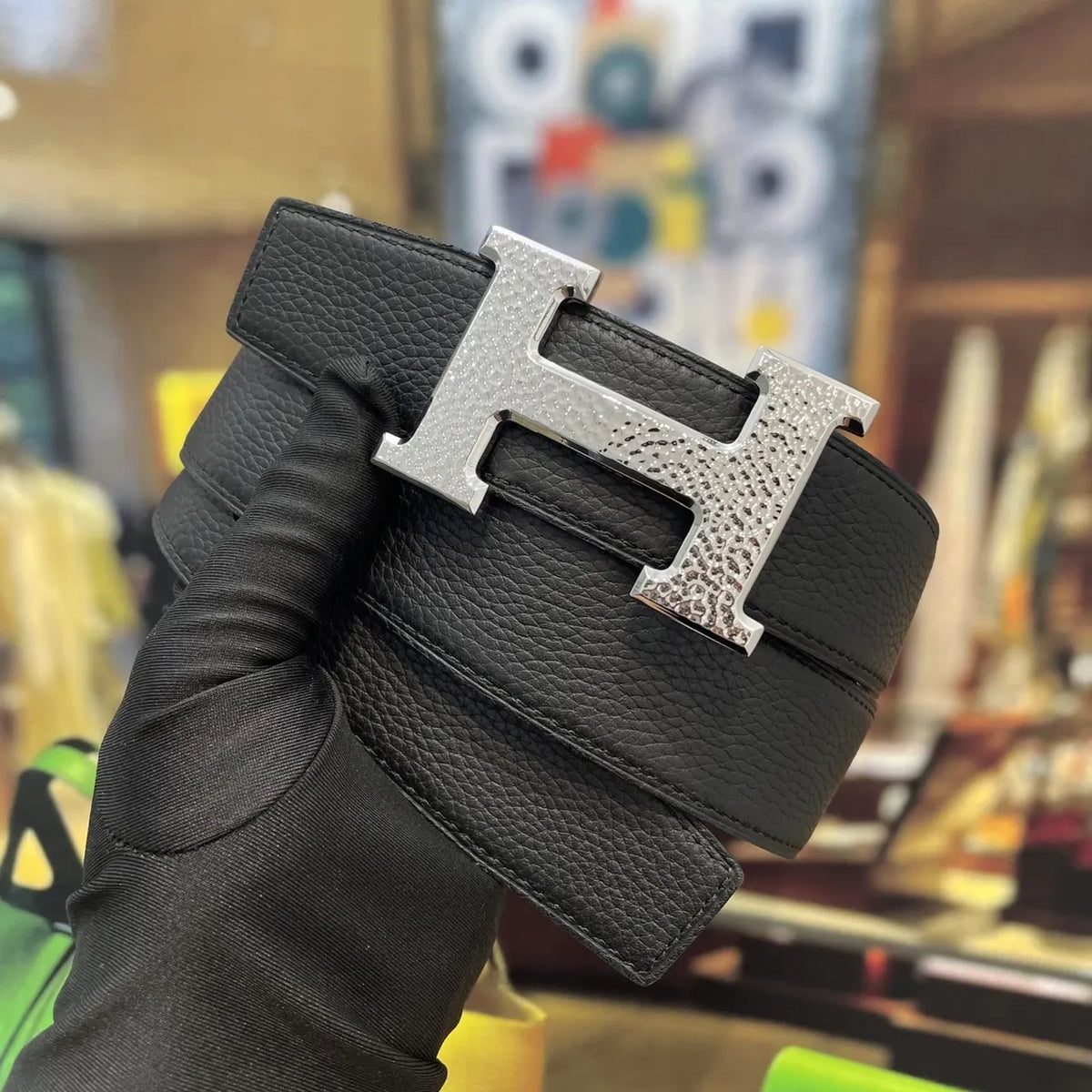 Hermes Black Textured Belt - Hình 3