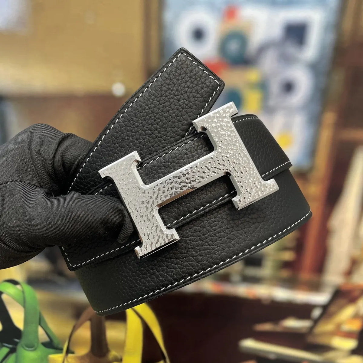Hermes Black Textured Belt - Hình 7