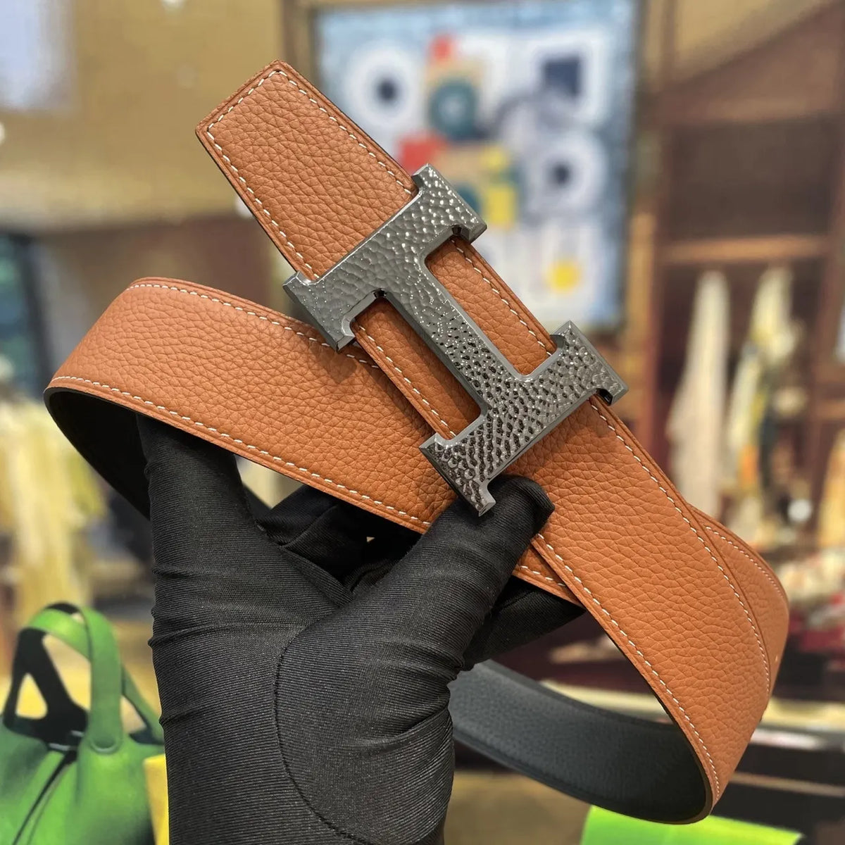 hammered Hermes Tan Leather Belt - Hình 2
