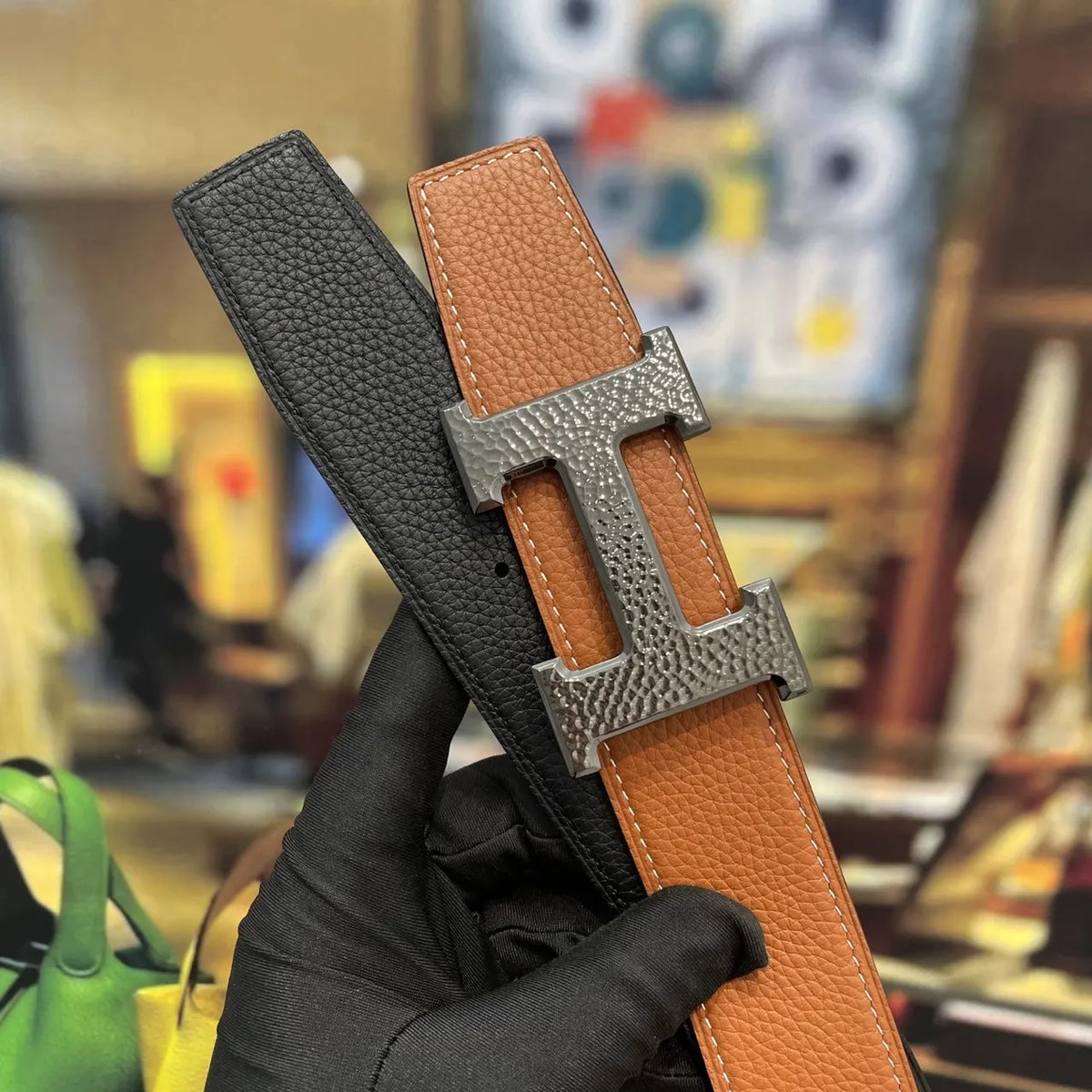 hammered Hermes Tan Leather Belt - Hình 8
