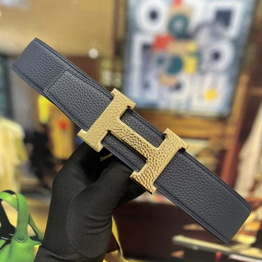 Hermes Navy Blue Leather Belt - Gold H Buckle