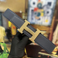 Hermes Navy Blue Leather Belt - Gold H Buckle