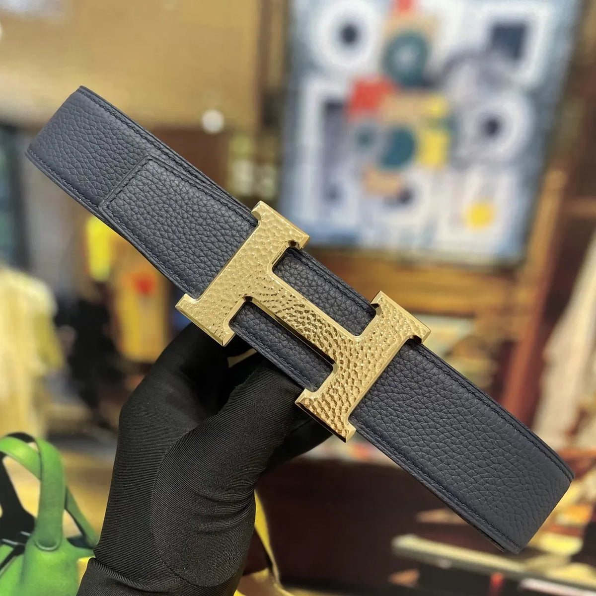 Hermes Navy Blue Leather Belt - Gold H Buckle