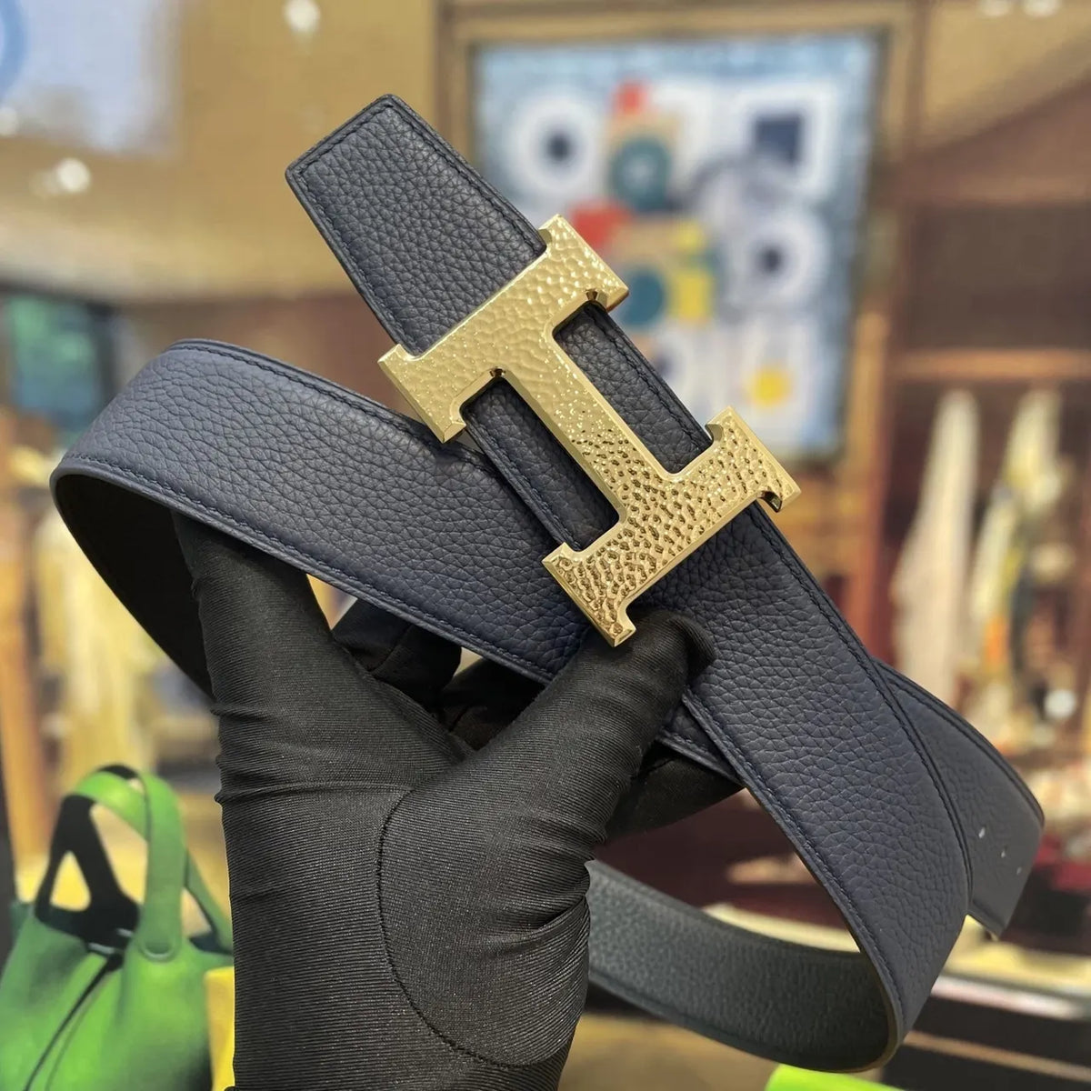 Hermes Navy Blue Leather Belt - Gold H Buckle - Hình 2