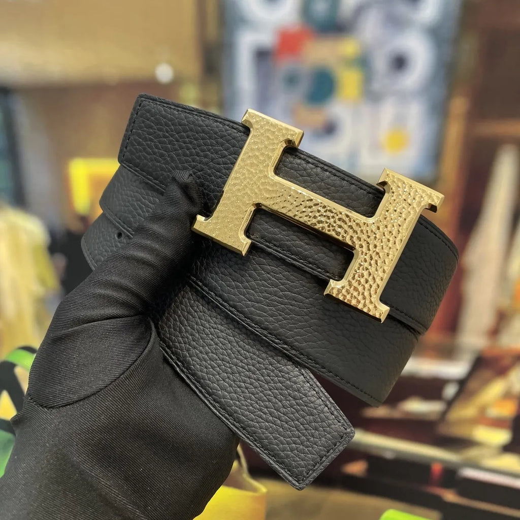 Hermes Navy Blue Leather Belt - Gold H Buckle - Hình 3