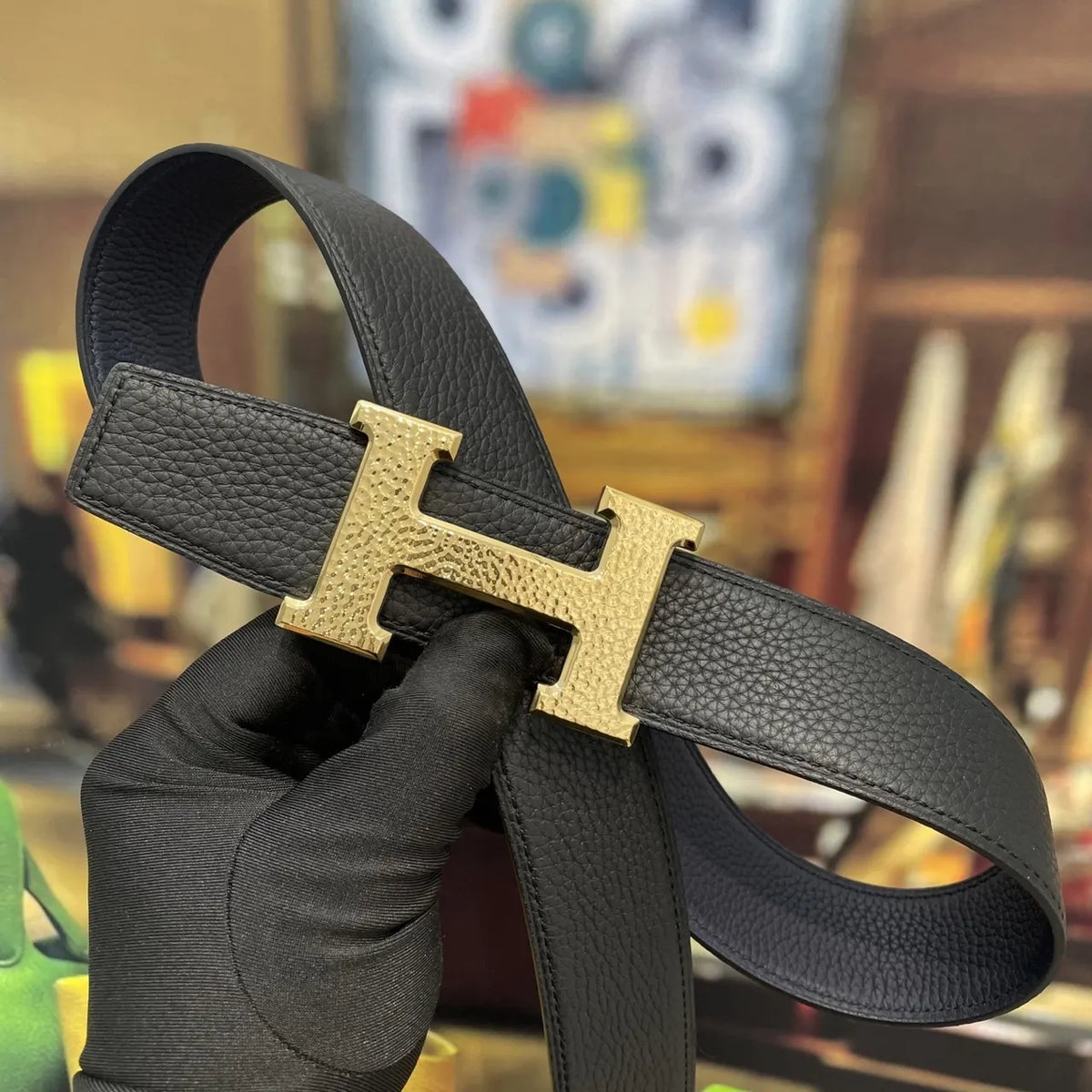 Hermes Navy Blue Leather Belt - Gold H Buckle - Hình 6