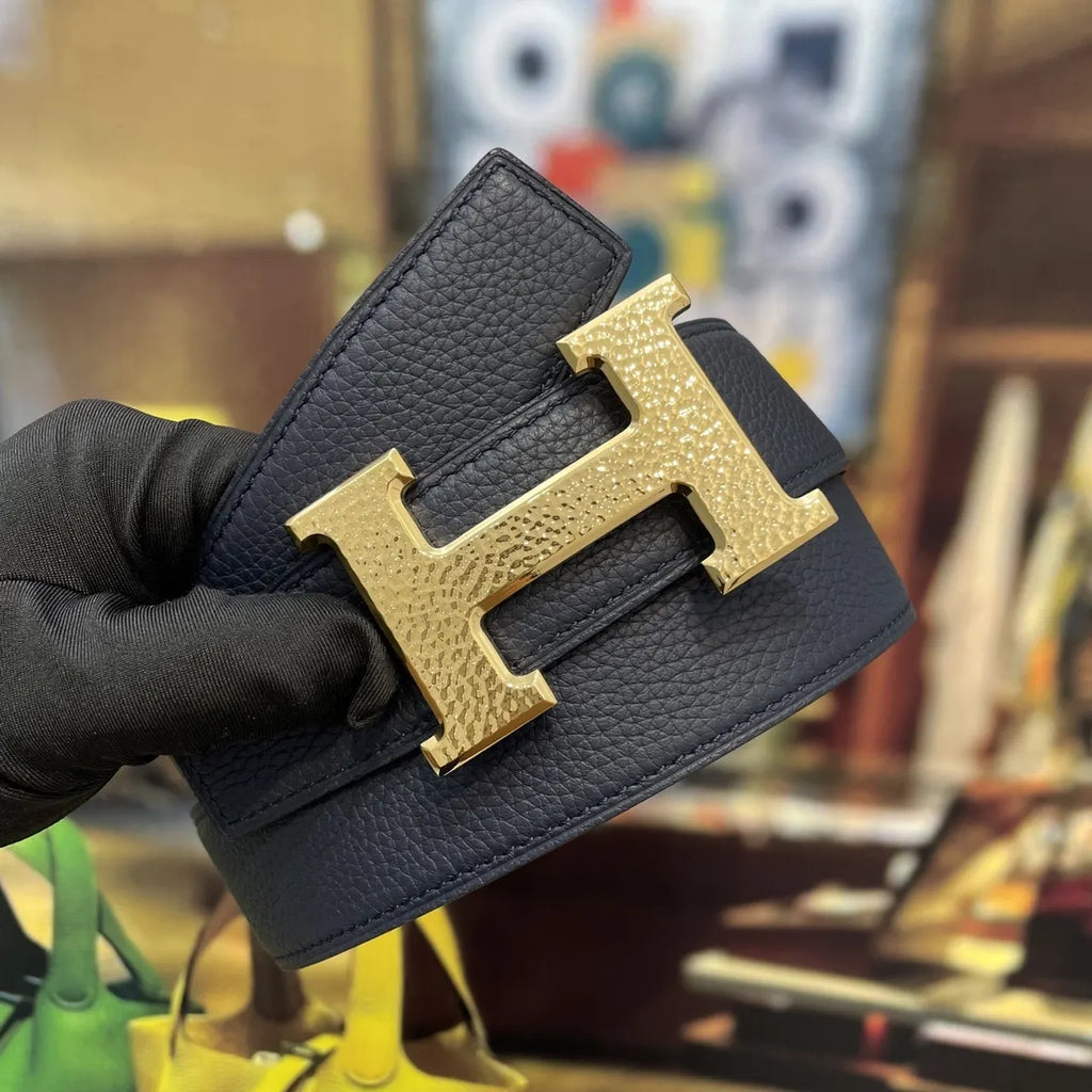 Hermes Navy Blue Leather Belt - Gold H Buckle - Hình 7