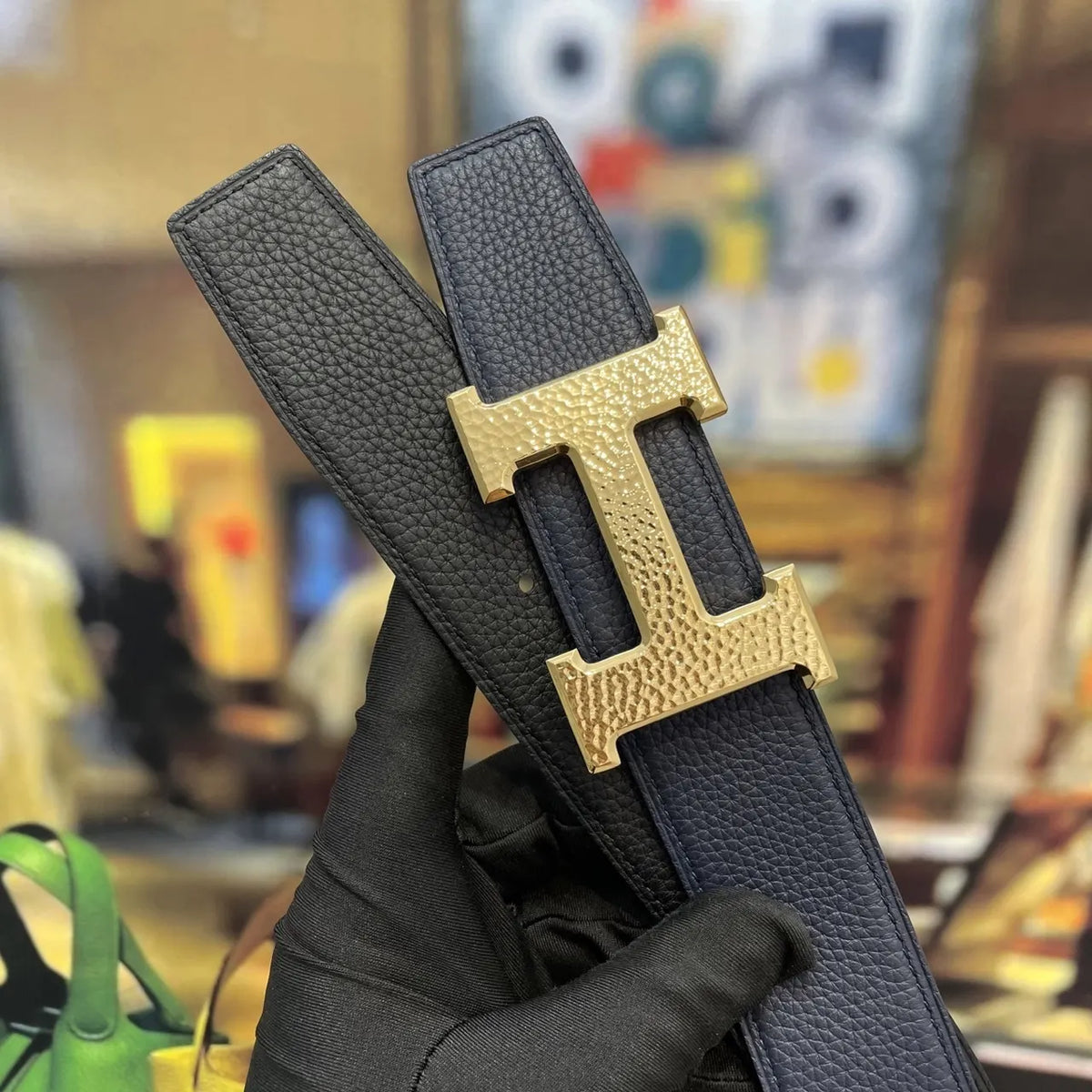 Hermes Navy Blue Leather Belt - Gold H Buckle - Hình 8