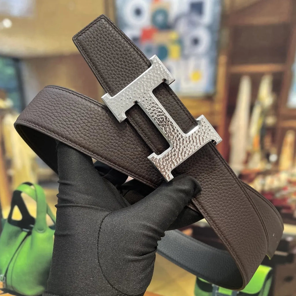 silver Hermes Brown Leather Belt - Hình 2