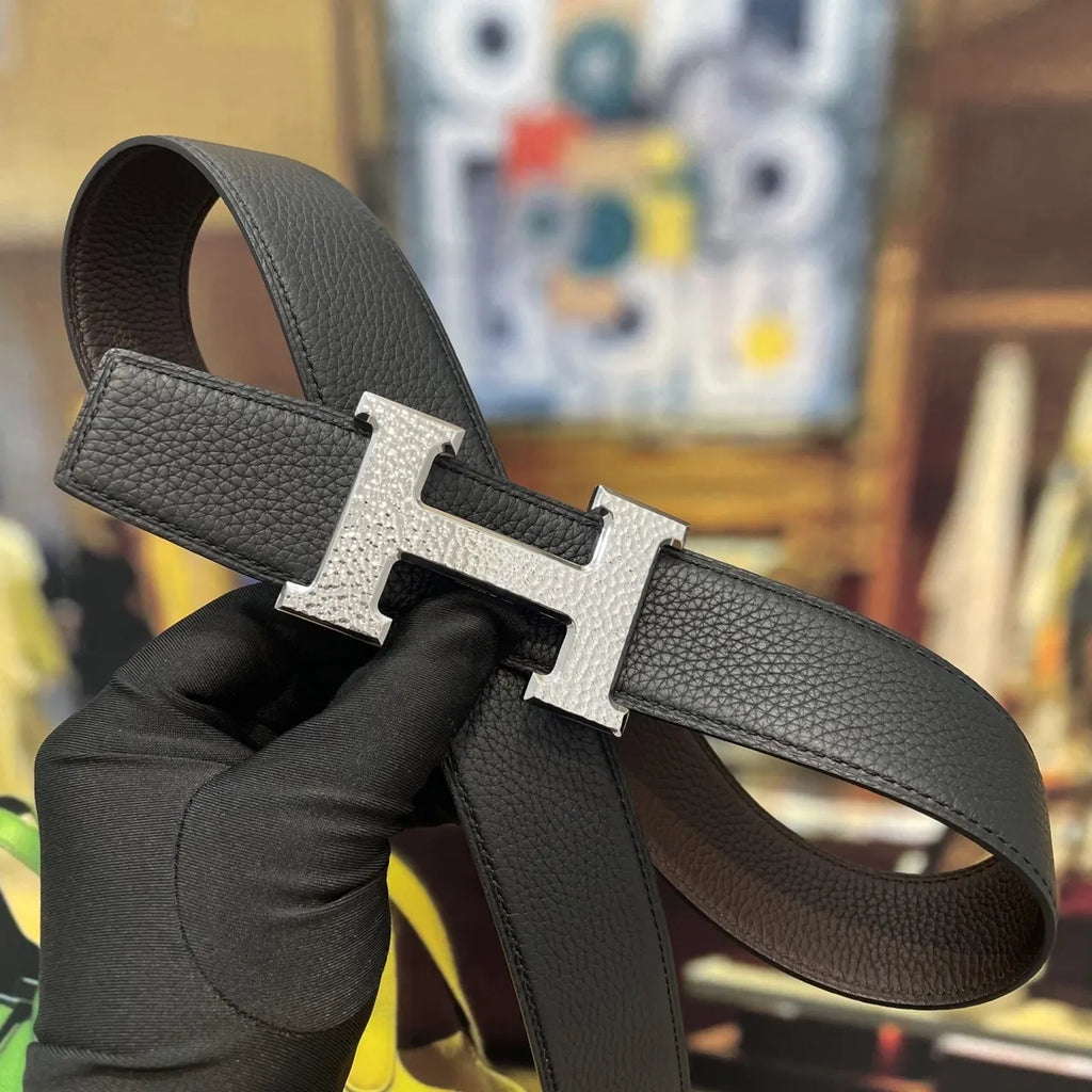 silver Hermes Brown Leather Belt - Hình 6