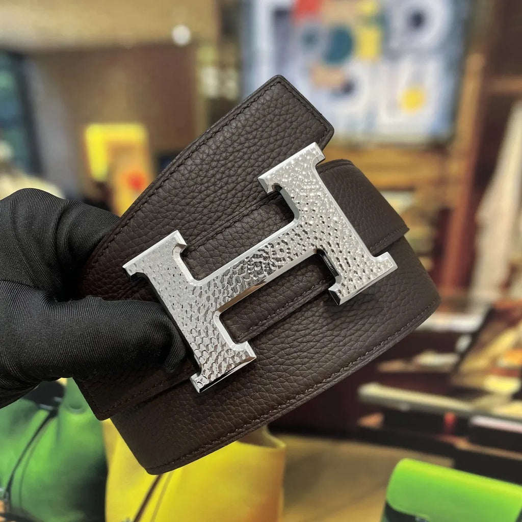 silver Hermes Brown Leather Belt - Hình 7
