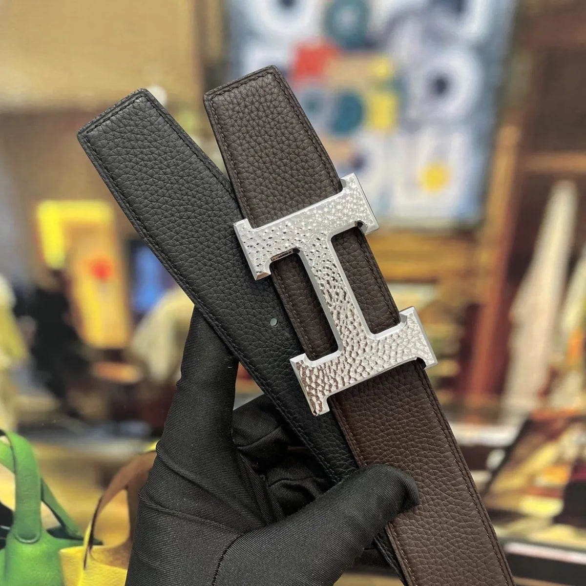 silver Hermes Brown Leather Belt - Hình 8