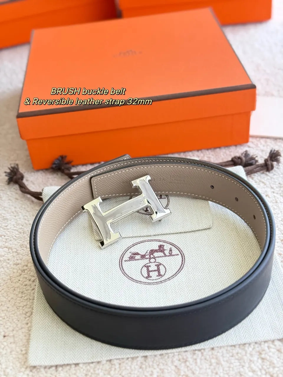 Hermes Taupe & Black Reversible Belt - Hình 3