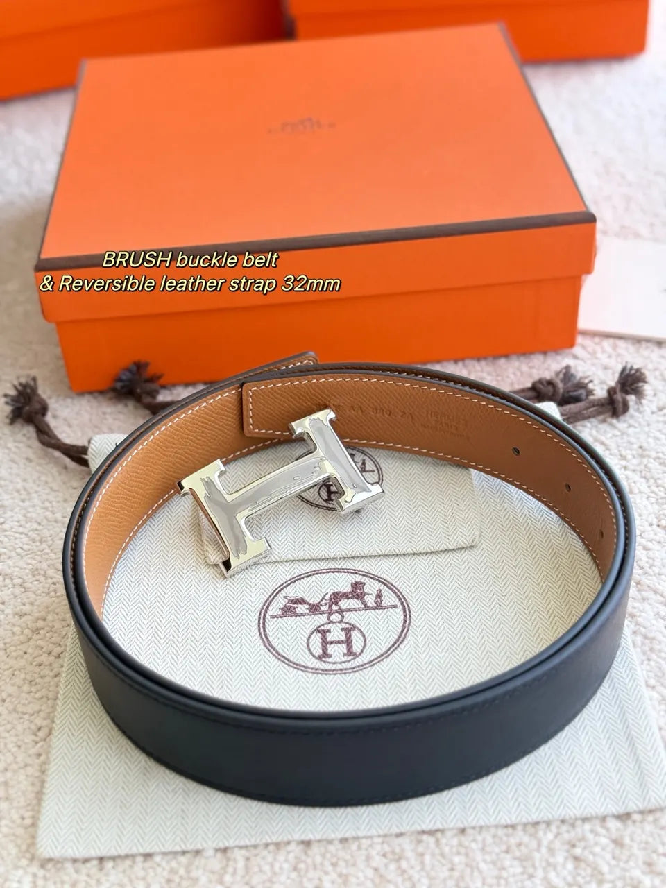 Hermes Tan & Navy Reversible Belt - Hình 2